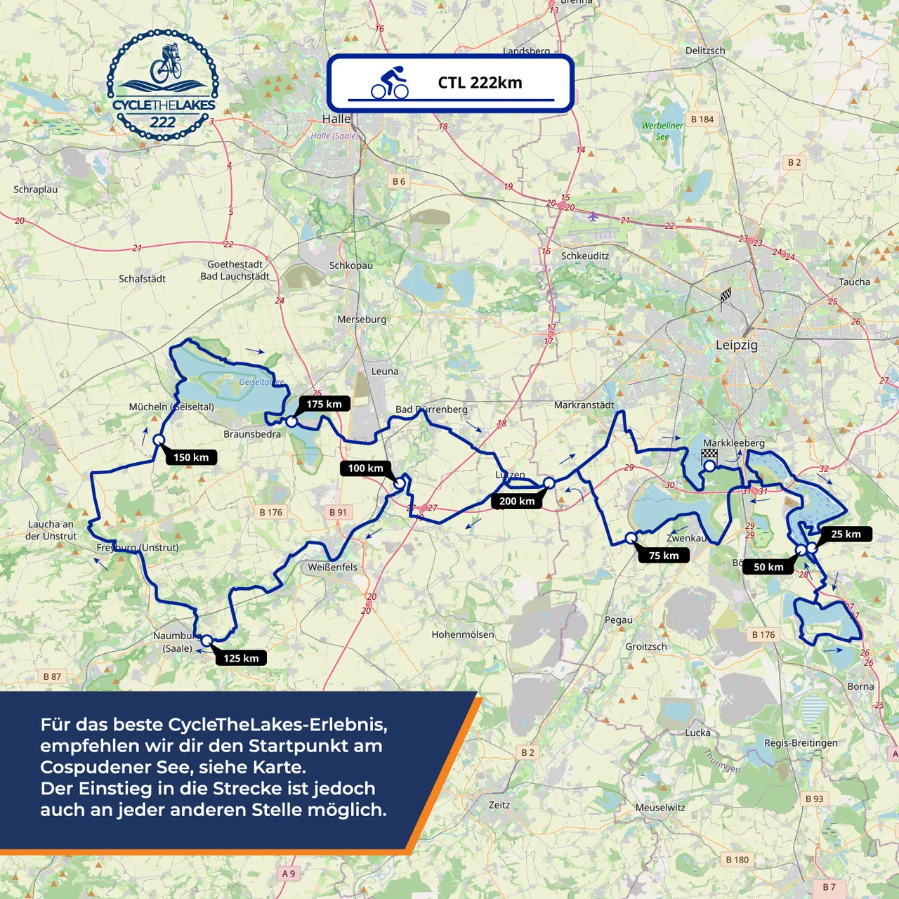 Übersicht der 222km-Strecke von Cycle The Lakes