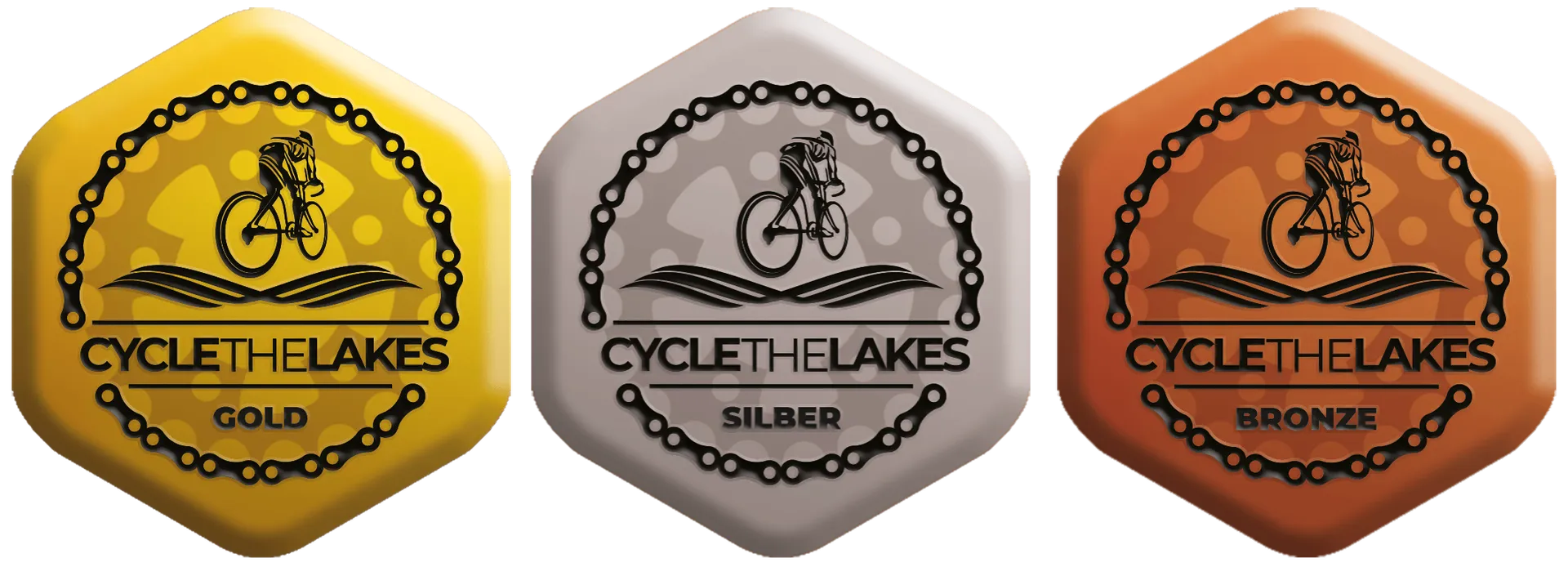 Übersicht der Abzeichen beim Beenden einer Cycle the Lakes Strecke