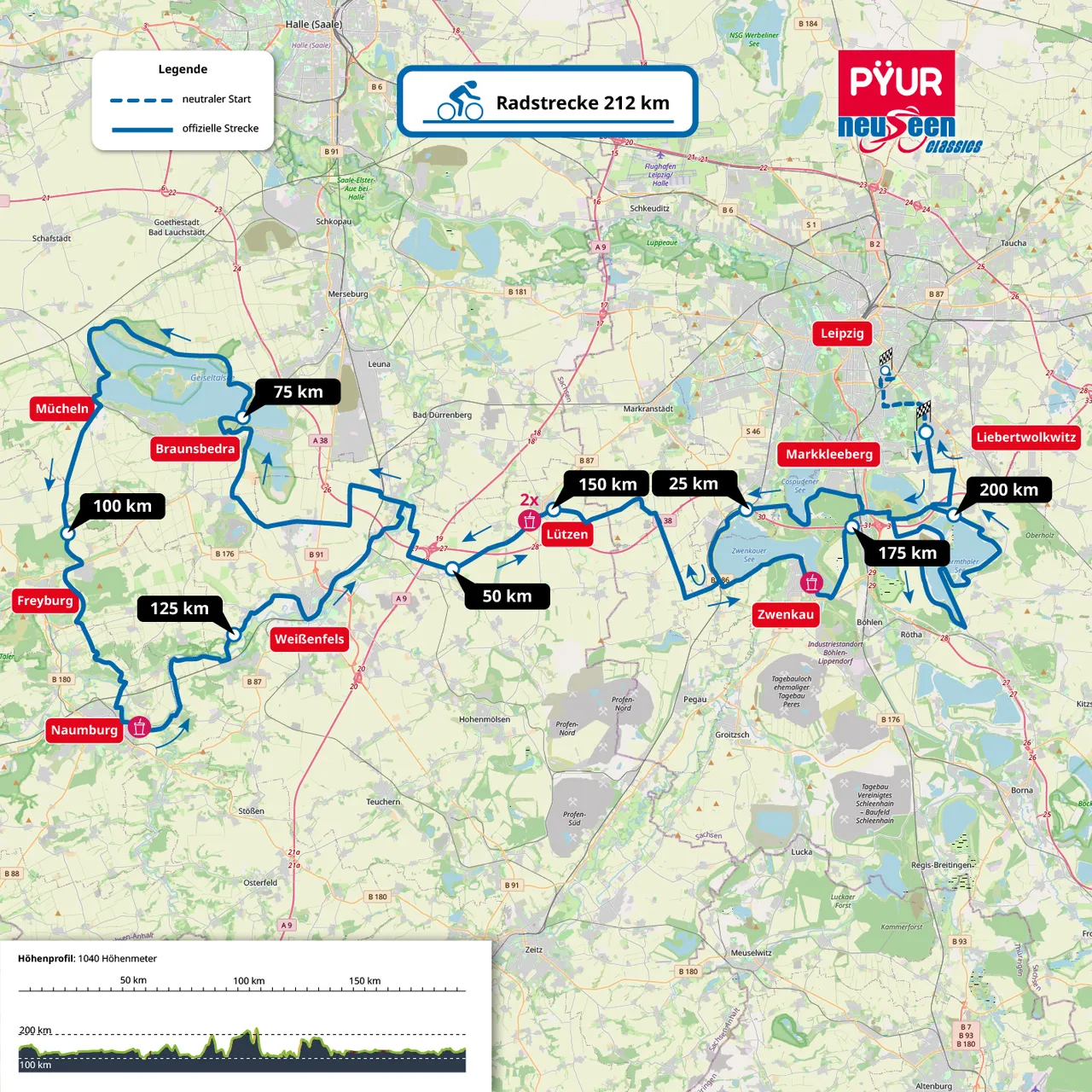 Übersicht 212 km-Strecke des neuseen classics